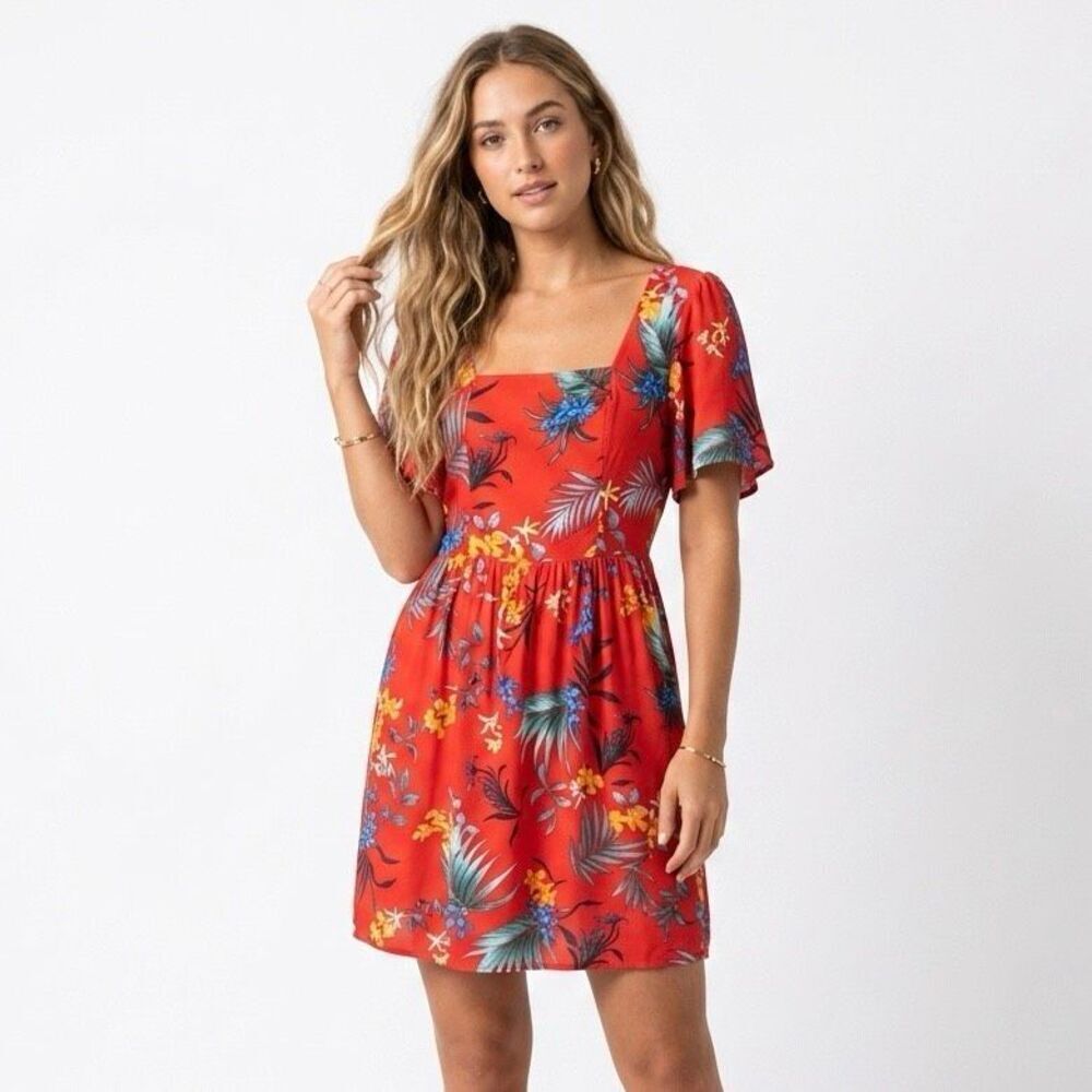 Band of Gypsies Boho Cottagecore Red Floral Tie Back Summer Tropical Dress Small